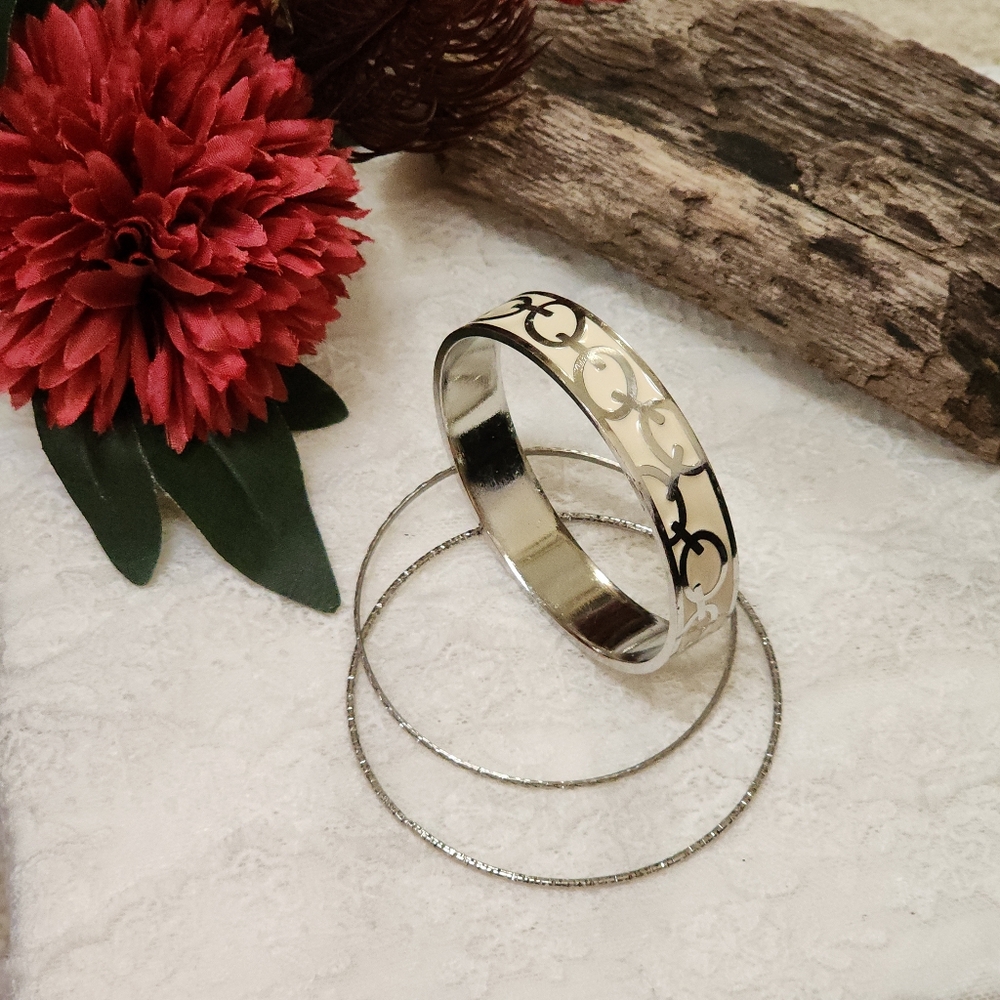 3 Bangle Bracelets Silver Toned and With Cream Enamel